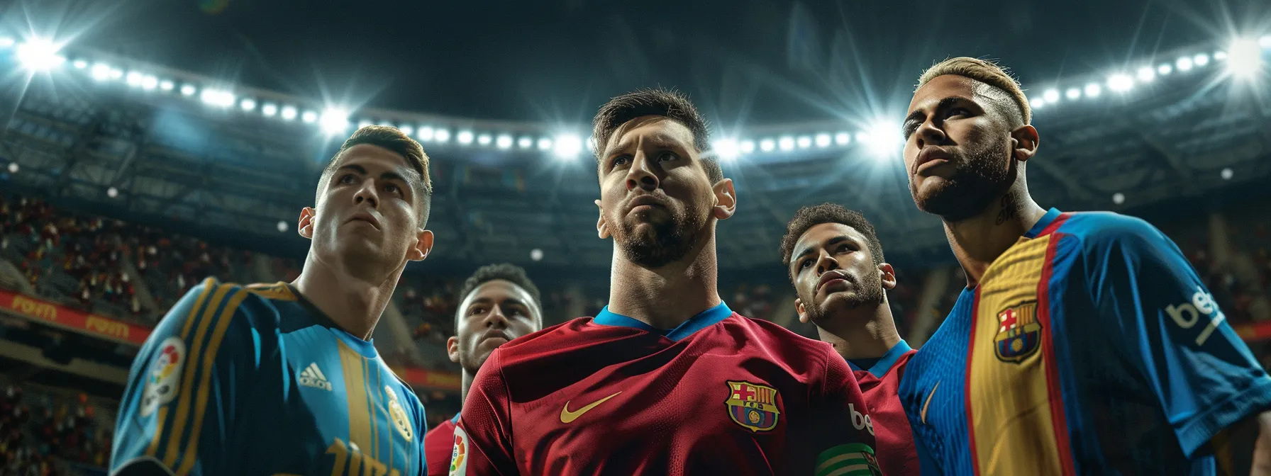 a powerful shot of lionel messi, cristiano ronaldo, kylian mbappé, and neymar jr. standing confidently on the soccer field, exuding skill and determination.