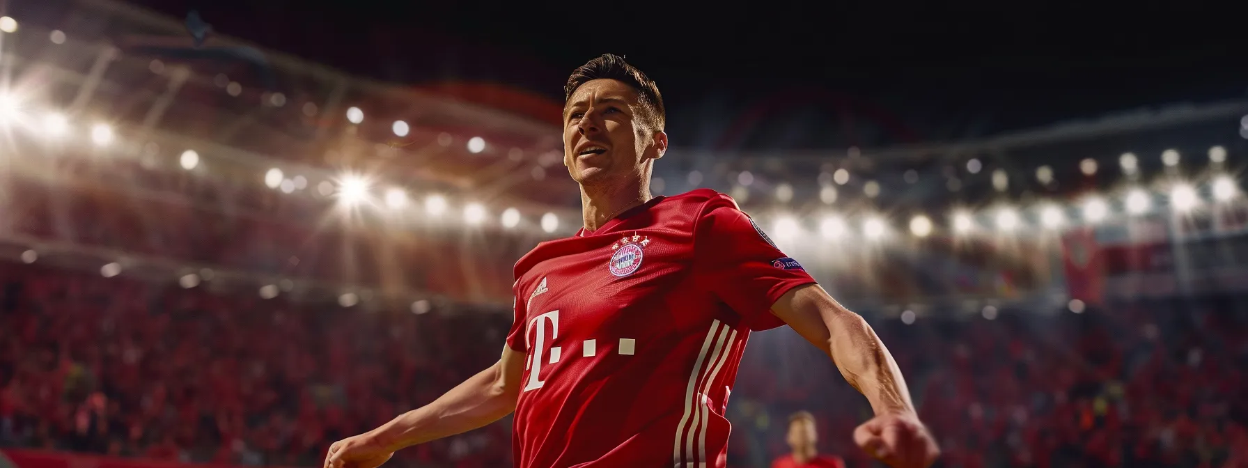 a dynamic shot of a soccer player like robert lewandowski, showcasing skill, consistency, and leadership on the field.