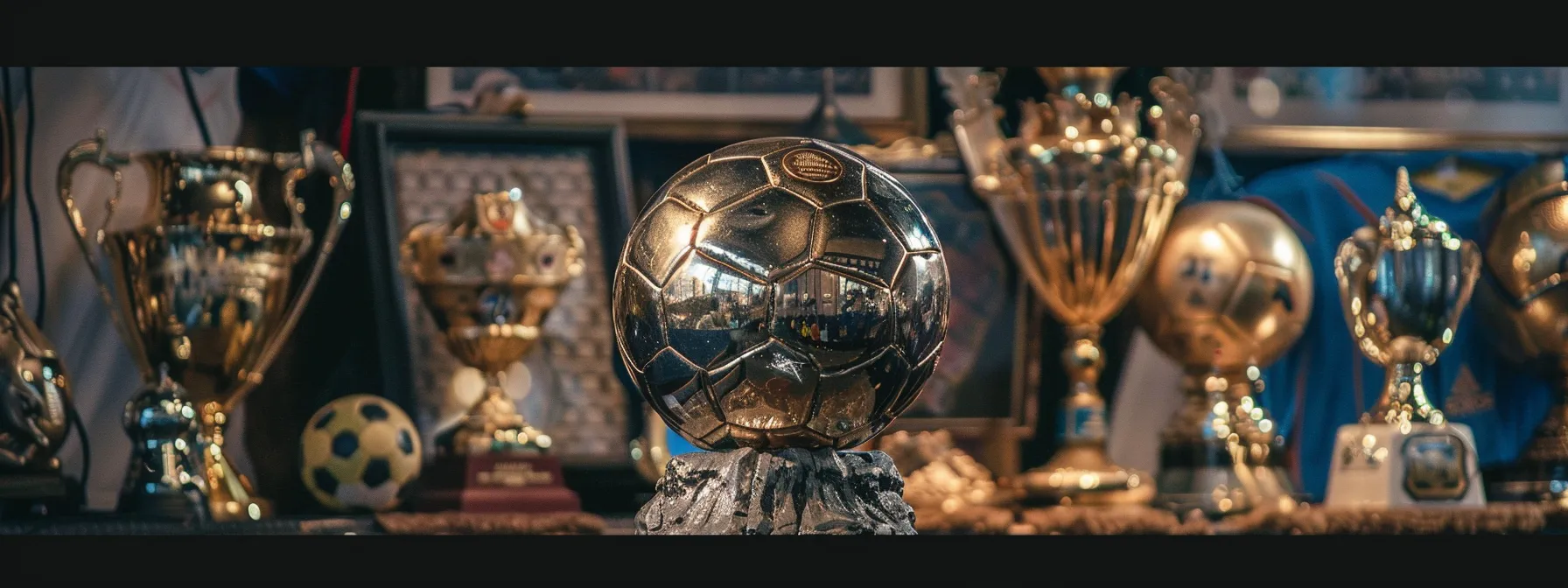 a soccer ball resting on a pedestal, surrounded by shining trophies and framed jerseys, symbolizing the search for the best player of our time.